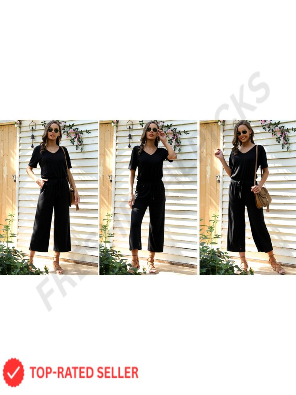 Wide Leg Cropped Jumpsuit V Neck Short Sleeve Romper with Pockets - Picture 6 of 6